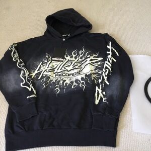 Helstar Records Black Crewneck Sweater with Cream Flame Graphic